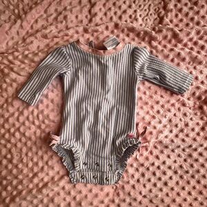 Blue & White Striped Long-Sleeve Baby One-Piece with Pink Trim